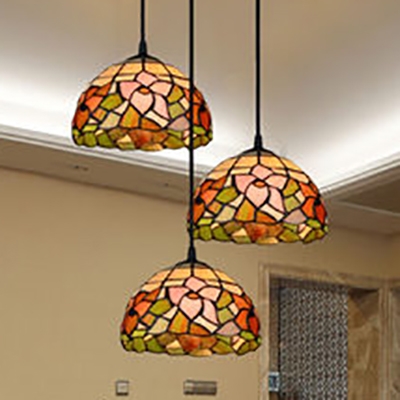 Rustic Style Floral Theme Ceiling Light 3 Lights Stained Glass Flush Light for Dining Table