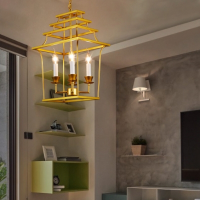 Rustic Style Gold Hanging Light Candle Shape 4 Lights Metal Chandelier with House Cage for Bar