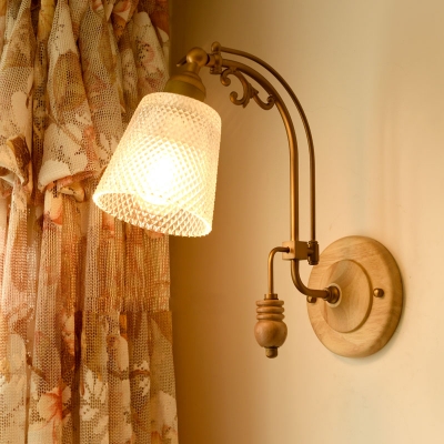 Simple Style Bucket Shade Wall Sconce Lattice Glass 1 Light Brass Sconce Light for Study Room