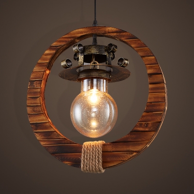 Single Light Bare Bulb Pendant Light with Wood Ring Industrial Glass Hanging Lamp in Brass
