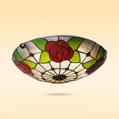 Stained Glass Bowl Ceiling Mount Light with Red Rose Bedroom Tiffany Rustic Ceiling Fixture