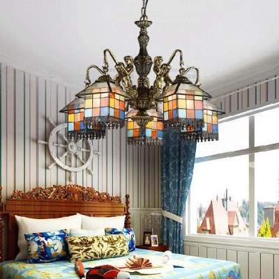 Stained Glass House Pendant Lamp with Mermaid 5 Lights Tiffany Style Antique Chandelier for Restaurant