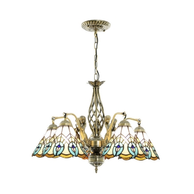 Stained Glass Peacock Tail Chandelier Bedroom 5 Lights Tiffany Style Antique Hanging Light with Mermaid