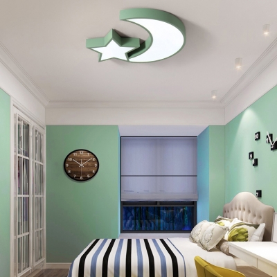 Star & Moon LED Flush Mount Light Nordic Metal Macaron Colored Ceiling Fixture in Warm/White for Bedroom