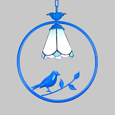 Study Room Conical/Domed Hanging Light Metal 1 Light Tiffany Style Blue Ceiling Pendant with Bird