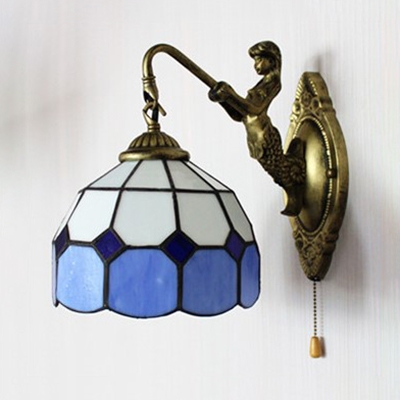 Tiffany Style Dome Sconce Light with Mermaid & Pull Chain 1 Light Glass Wall Light for Foyer