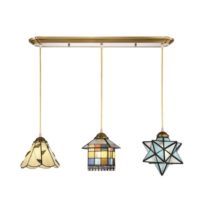 Tiffany Vintage Stylish Pendant Light 3 Heads Stained Glass Hanging Light in Brass for Child Bedroom