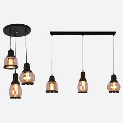 Vintage Style Black Island Light 3 Lights Glass Linear/Round Canopy Pendant Lamp for Kitchen