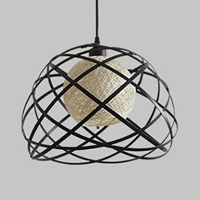 Vintage Stylish Black Pendant Light Globe 1 Light Linen Hanging Lamp with Wire Frame for Hallway