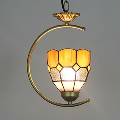 1 Head Grid Dome Pendant Lamp Tiffany Style Vintage Glass Hanging Light for Living Room