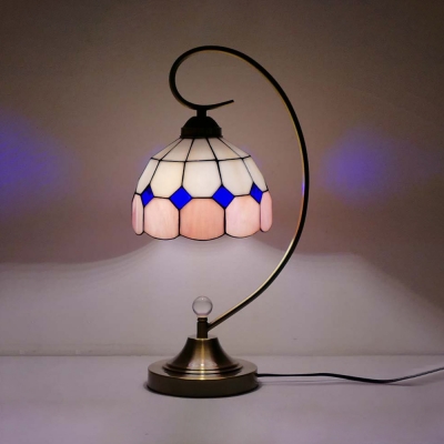 1 Light Grid Bowl Desk Light Tiffany Simple Style Art Glass Table Light in Blue/Pink for Bedside Table
