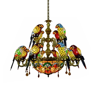 12 Lights Parrot Hanging Lamp Tiffany Style Stained Glass Hanging Light with Crystal for Living Room