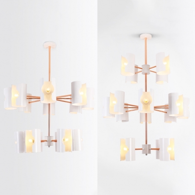 2-Tier 14/16 Lights Chandelier Nordic Style Metal Pendant Light in White for Living Room