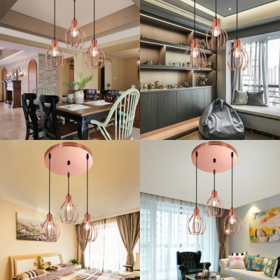 3 Lights Cage Pendant Light with Linear/Round Canopy Industrial Metal Island Lamp in Rose Gold for Restaurant