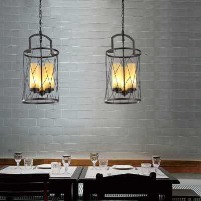 3 Lights Cylinder Candle Chandelier with Wire Frame Industrial Metal Pendant Lamp in Black for Restaurant