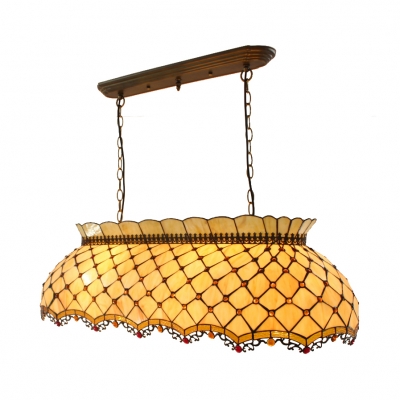 Glass Grid Shade Hanging Light with Beads Dining Room Tiffany Traditional Pendant Light in Beige