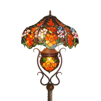 Stained Glass Flower Floor Light Study Room 3 Heads Tiffany Style Rustic Floor Lamp with Pull Chain