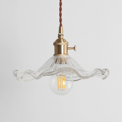Clear Glass Scalloped Edge Pendant Light 1 Light Art Deco Hanging Light in Brass for Hallway