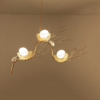 3 Lights Bird&Nest Chandelier Creative Modern Aluminum Suspension Light with Egg for Bedroom