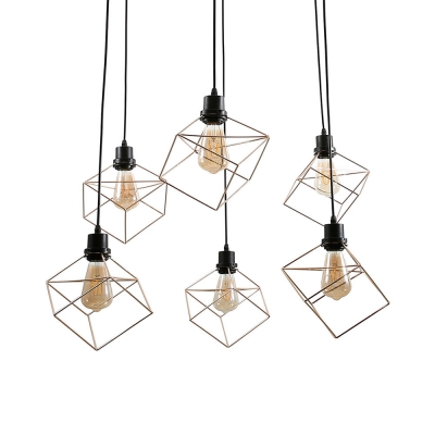 6 Lights Ring Pendant Lamp with Cube Shade Retro Loft Metal Hanging Light in Black for Restaurant
