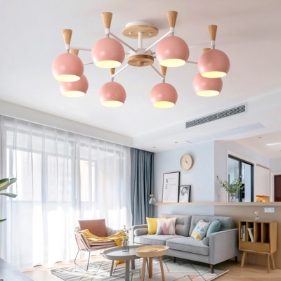 8 Lights Globe Chandelier Modern Metal Ceiling Light in Macaron Green/Pink for Hotel