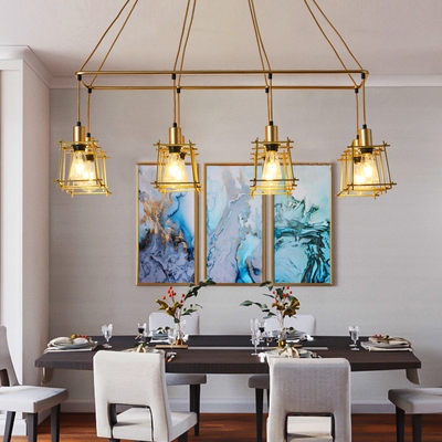 8 Lights Rectangle Pendant Light with Square Cage Antique Metal Ceiling Pendant in Black/Gold/Red for Dining Room