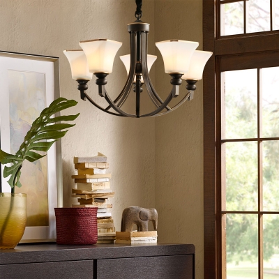 American Rustic Bell Shade Chandelier 3/5/8 Lights Frosted Glass Hanging Light in Black for Kitchen