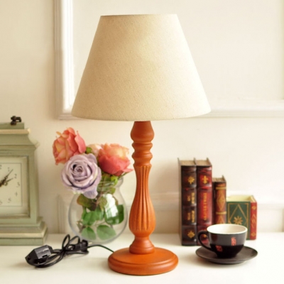 Antique Beige/Flaxen/Off-White Desk Lamp with Tapered Shade 1 Light Wood Study Light for Bedroom