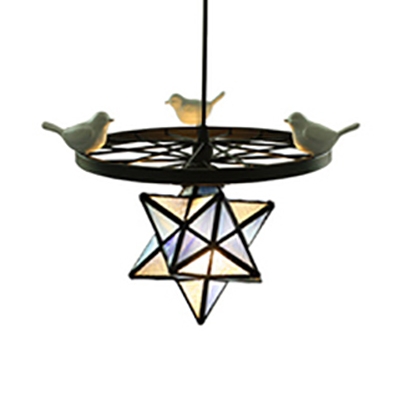 Antique House/Star Ceiling Light with Bird Wheel 1 Light Stained Glass Pendant Light for Shop