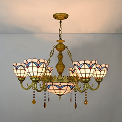 Antique Style Dome Chandelier 7 Lights Stained Glass Hanging Light for Living Room Villa