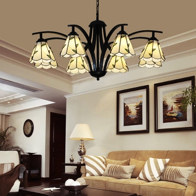 Beige/Clear Glass Cone Chandelier Living Room 8 Lights Traditional Hanging Light with Leaf