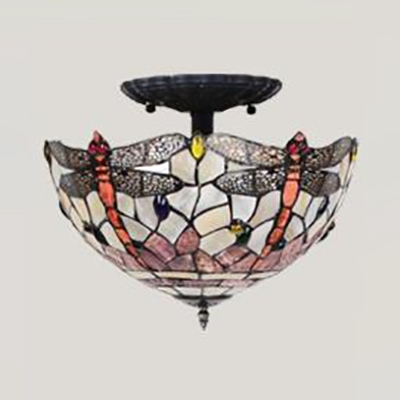 Beige Dome Inverted Semi Flush Mount Light 12 Inch Tiffany Rustic Stained Glass Ceiling Fixture for Bedroom