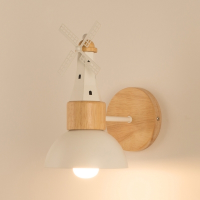 Black/White Dome Wall Light with Windmill 1 Light Nordic Style Wood Sconce Light for Corridor