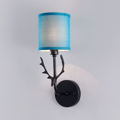 Blue/White Cylinder Sconce Light 1 Light Modern Fabric Metal Wall Light with Deer for Study Foyer