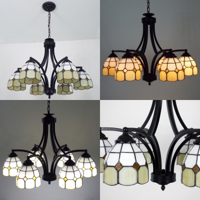 Blue/Yellow Pendant Lamp 6 Lights Tiffany Style Stained Glass Chandelier for Bedroom Hotel