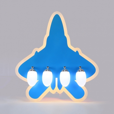 Boy Bedroom Cartoon Plane Semi Flush Light Metal 4 Heads Creative Blue Ceiling Lamp in Warm