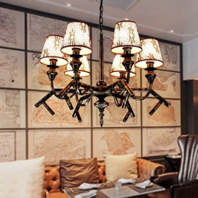 Brown Tapered Shade Chandelier 6 Lights Traditional Fabric Metal Hanging Lamp for Living Room