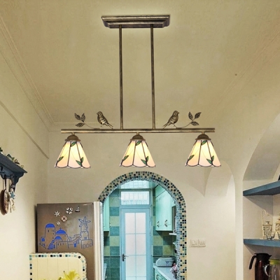 Cafe Restaurant Cone Chandelier with Leaf & Bird Glass 3 Lights Rustic Style Island Pendant