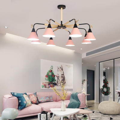 Candy Colored Cone Chandelier with Deer 6/8 Lights Macaron Loft Wood Pendant Lamp for Living Room