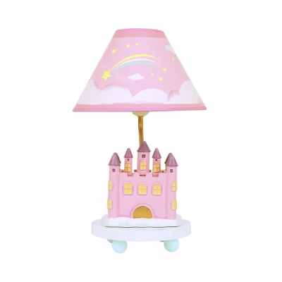 Cartoon Castle LED Desk Light with Plug In Cord 1 Light Fabric Study Light in Pink for Girl Bedroom