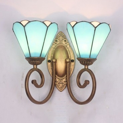 Conical Shade Wall Sconce 2 Lights Vintage Style Blue/White Glass Sconce Light for Hallway Foyer