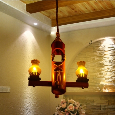 Country Style Kerosene Pendant Light Wood 2 Lights Beige Chandelier for Shop Child Bedroom