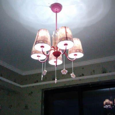 Creative Tapered Shade Chandelier Metal 5 Lights Pink Hanging Lamp with Cartoon for Girl Bedroom