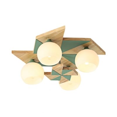 Cute Globe Flush Mount Light with Windmill 4 Lights Wood Ceiling Lamp in Gray/Green/Pink for Child Bedroom