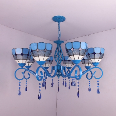 Dome Shade Living Room Chandelier Glass 6/8 Lights Mediterranean Style Pendant Lamp with Crystal in Blue