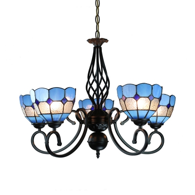 Domed Shade Bedroom Chandelier Art Glass 5 Lights Mediterranean Style Hanging Lamp in Blue