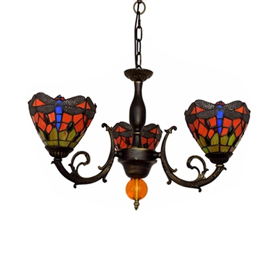 Dragonfly Pattern Ceiling Light 3 Lights Tiffany Style Rustic 3 Lights Chandelier in Red for Foyer