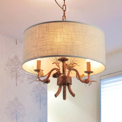 Fabric Drum Shade Hanging Light Villa 3 Lights Rustic Style Chandelier with Bird Decoration in Rust