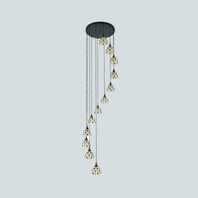Gird Bowl Villa Hanging Light with Colorful Beads Glass 6/12 Lights Tiffany Traditional Pendant in Beige