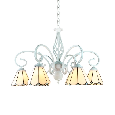 Glass Cone Shade Chandelier Living Room 6/8 Lights Tiffany Style Classic Hanging Lamp in White